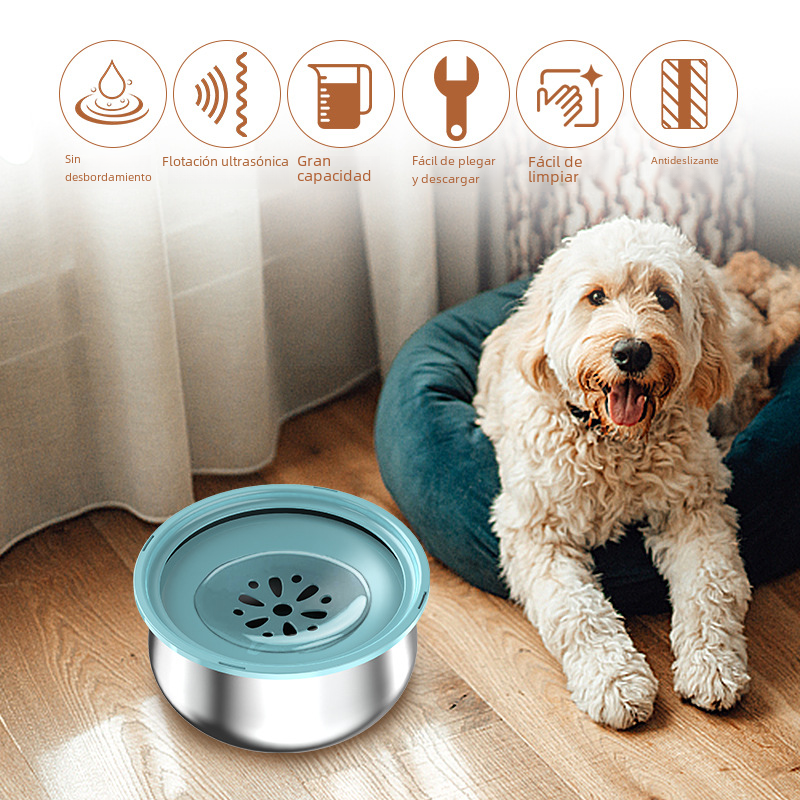 Cuenco Grande de Agua para Mascotas de Acero Inoxidable con Protector Contra Salpicaduras